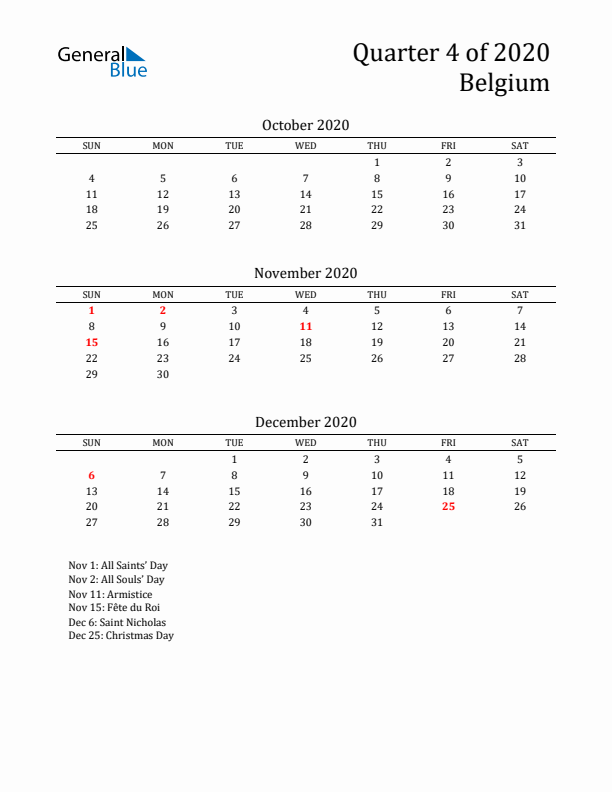 Quarter 4 2020 Belgium Quarterly Calendar