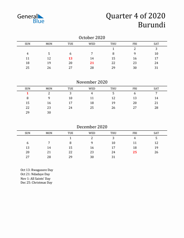 Quarter 4 2020 Burundi Quarterly Calendar