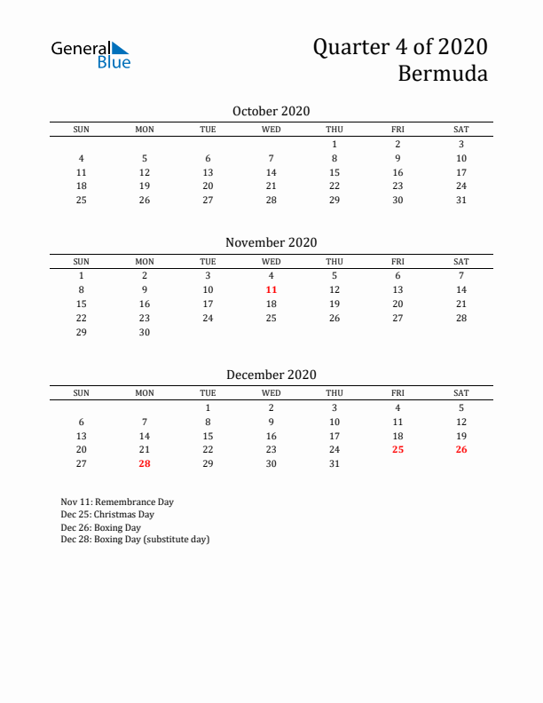 Quarter 4 2020 Bermuda Quarterly Calendar