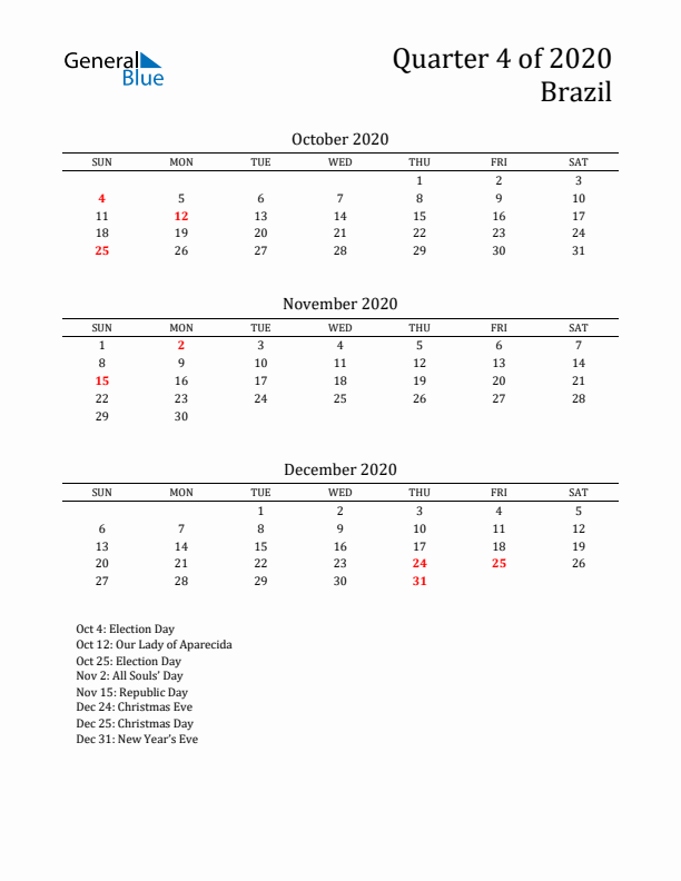 Quarter 4 2020 Brazil Quarterly Calendar