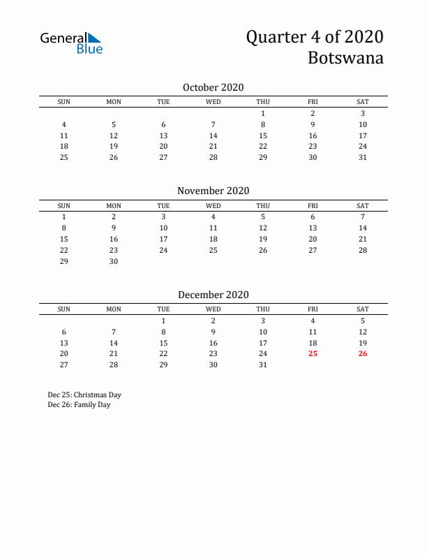 Quarter 4 2020 Botswana Quarterly Calendar