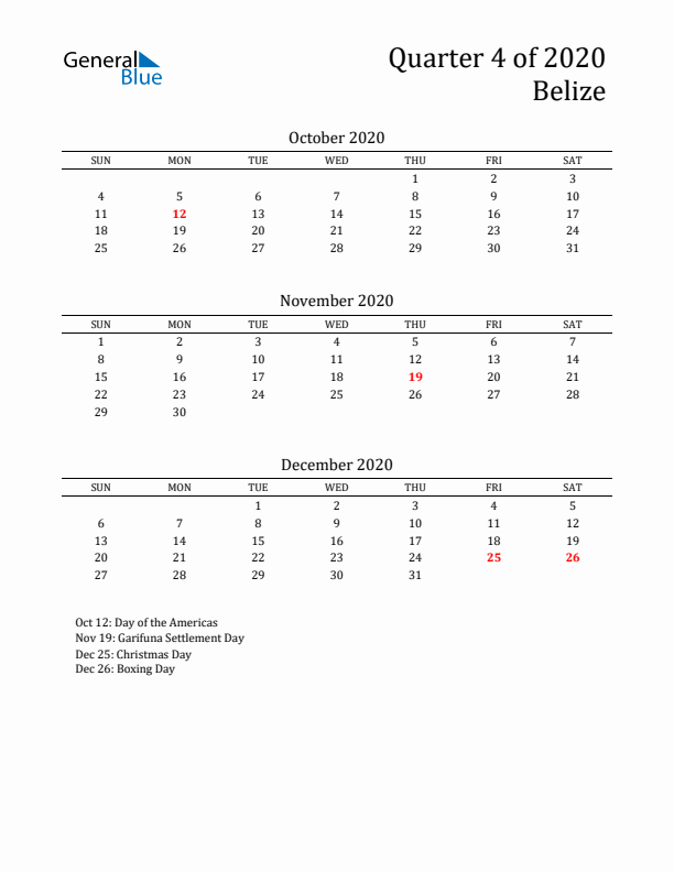 Quarter 4 2020 Belize Quarterly Calendar