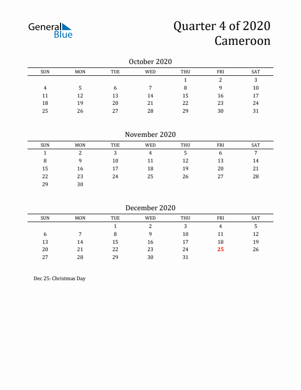 Quarter 4 2020 Cameroon Quarterly Calendar