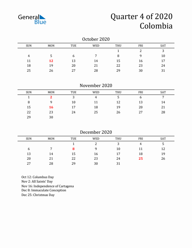 Quarter 4 2020 Colombia Quarterly Calendar