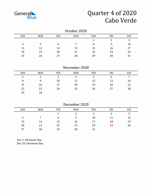 Quarter 4 2020 Cabo Verde Quarterly Calendar