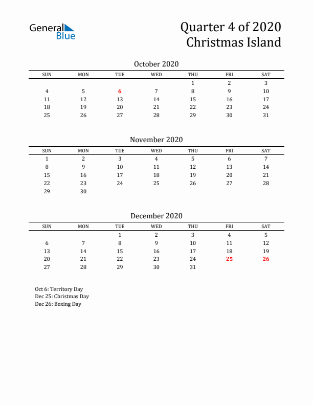 Quarter 4 2020 Christmas Island Quarterly Calendar