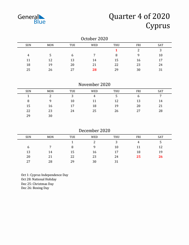 Quarter 4 2020 Cyprus Quarterly Calendar