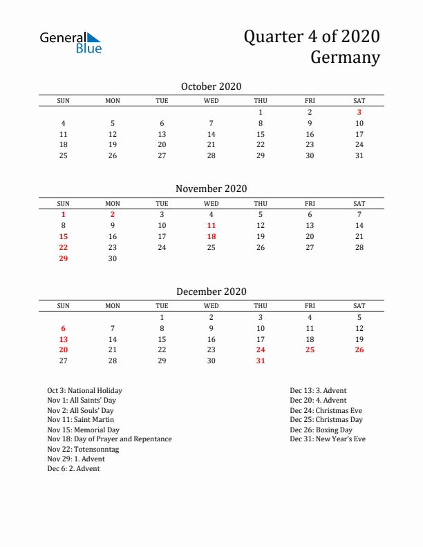 Quarter 4 2020 Germany Quarterly Calendar