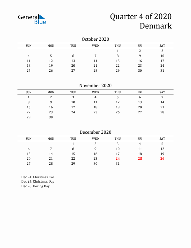 Quarter 4 2020 Denmark Quarterly Calendar