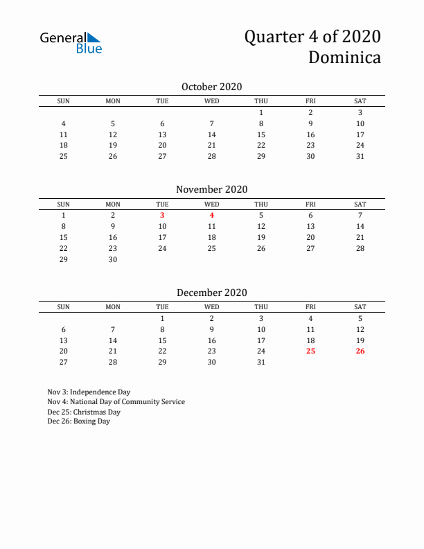 Quarter 4 2020 Dominica Quarterly Calendar