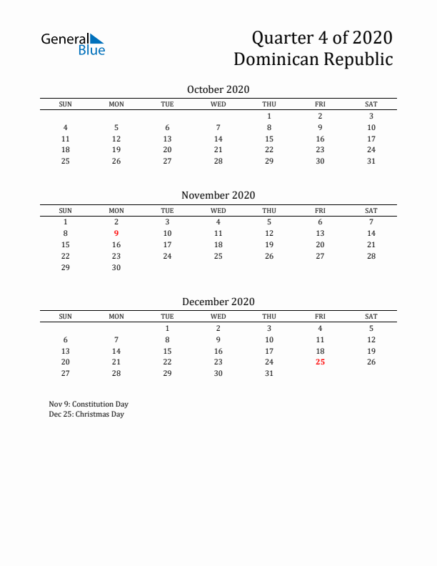 Quarter 4 2020 Dominican Republic Quarterly Calendar