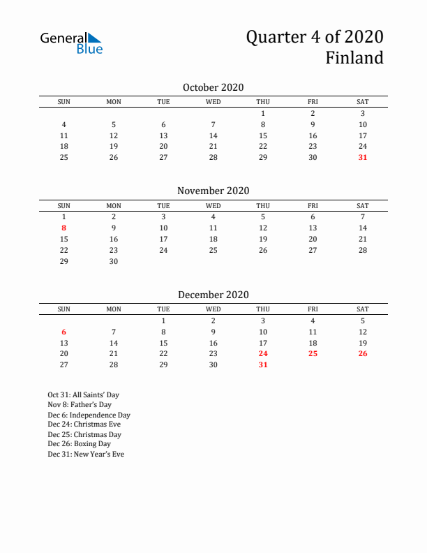 Quarter 4 2020 Finland Quarterly Calendar