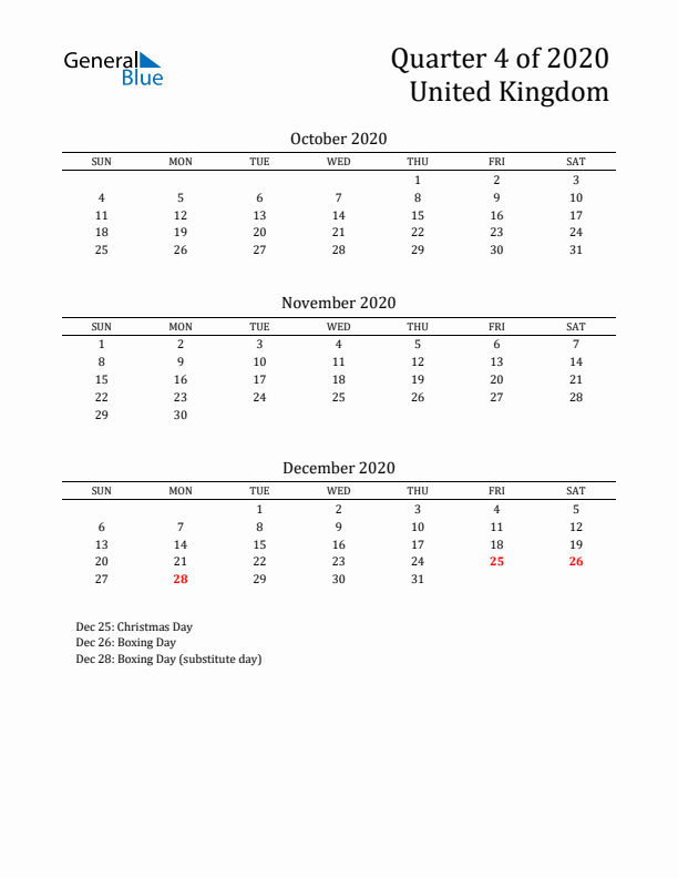 Quarter 4 2020 United Kingdom Quarterly Calendar