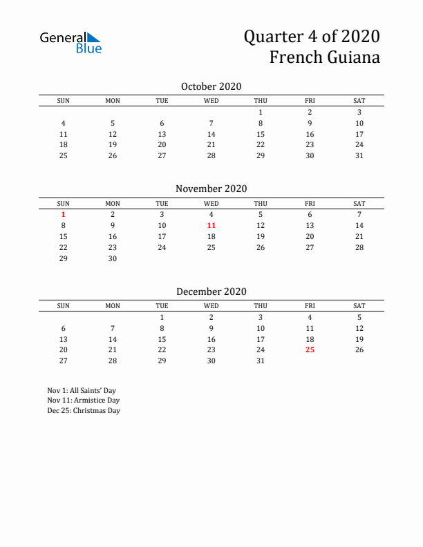 Quarter 4 2020 French Guiana Quarterly Calendar