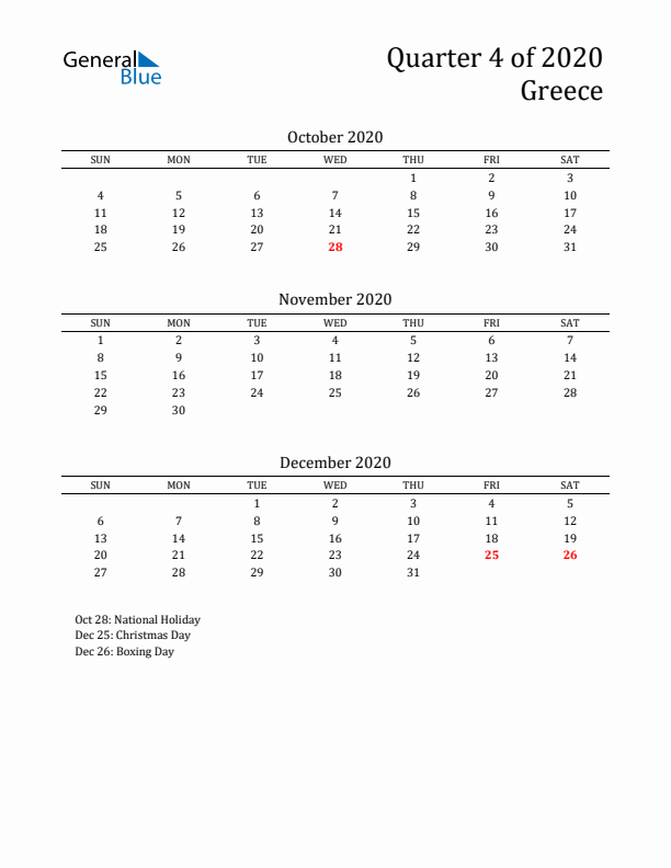 Quarter 4 2020 Greece Quarterly Calendar