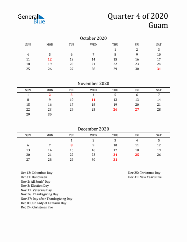 Quarter 4 2020 Guam Quarterly Calendar