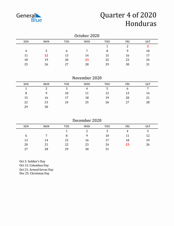 Quarter 4 2020 Honduras Quarterly Calendar