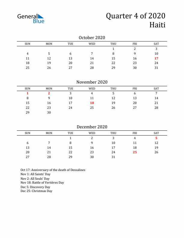 Quarter 4 2020 Haiti Quarterly Calendar