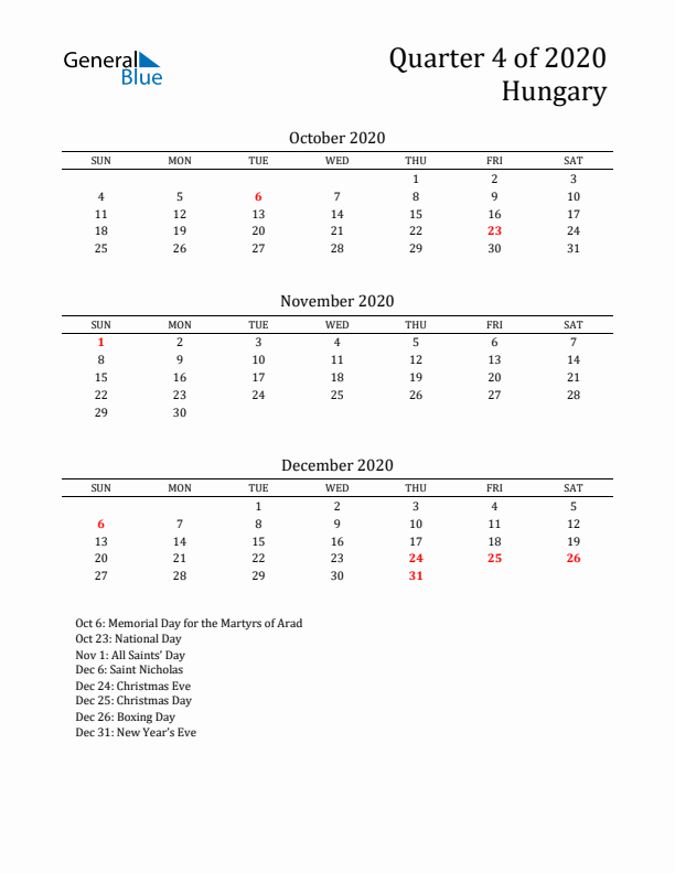 Quarter 4 2020 Hungary Quarterly Calendar