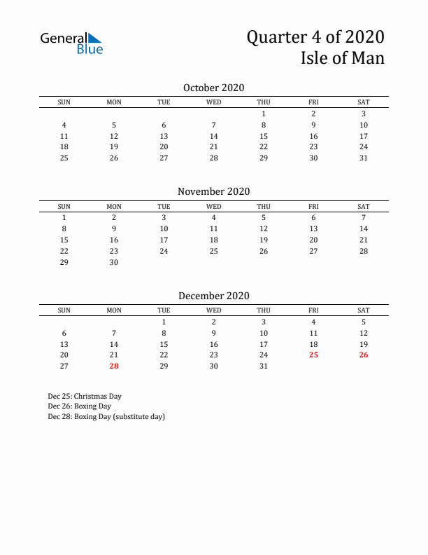 Quarter 4 2020 Isle of Man Quarterly Calendar