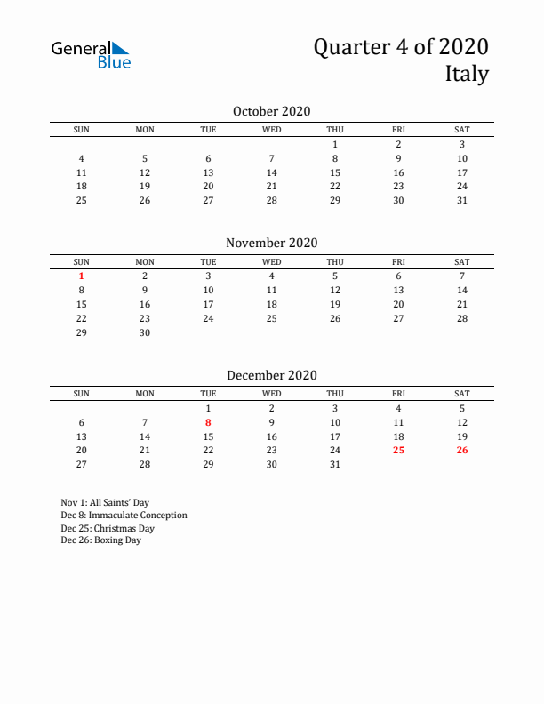 Quarter 4 2020 Italy Quarterly Calendar