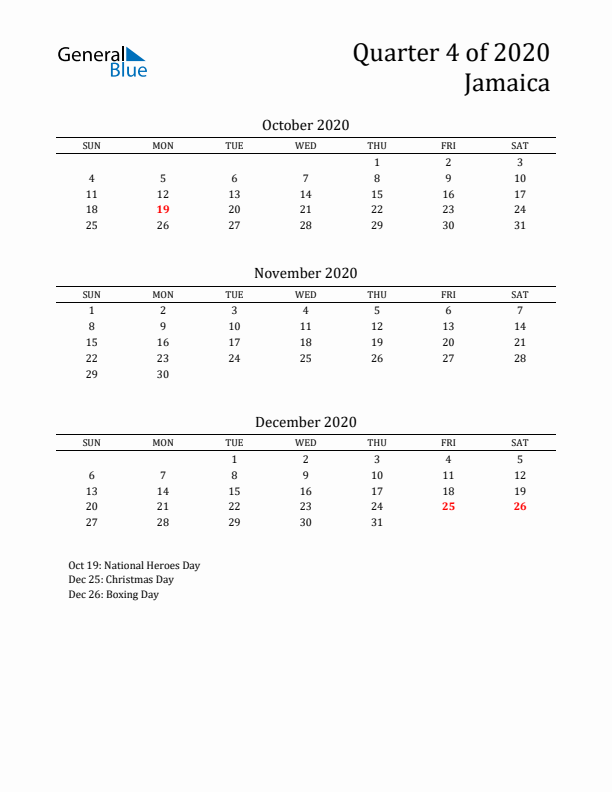 Quarter 4 2020 Jamaica Quarterly Calendar