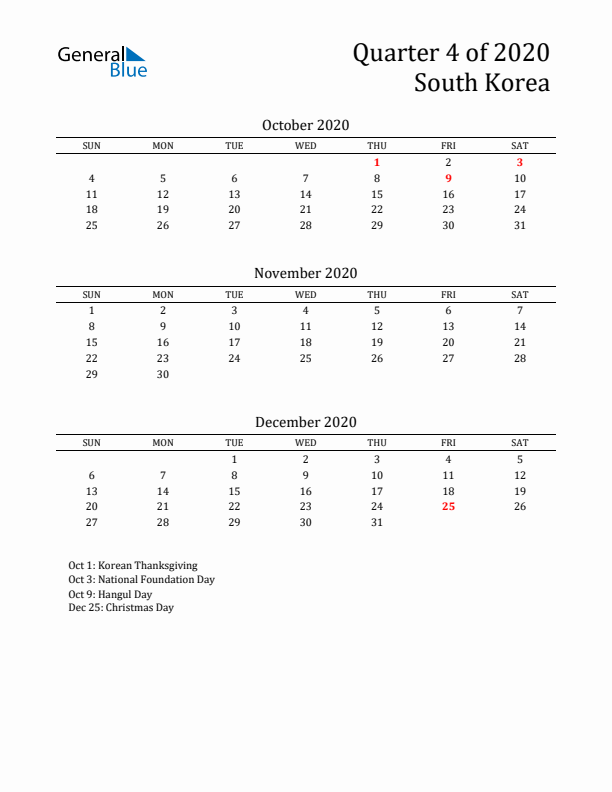 Quarter 4 2020 South Korea Quarterly Calendar