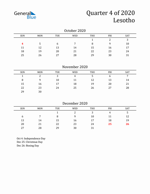 Quarter 4 2020 Lesotho Quarterly Calendar