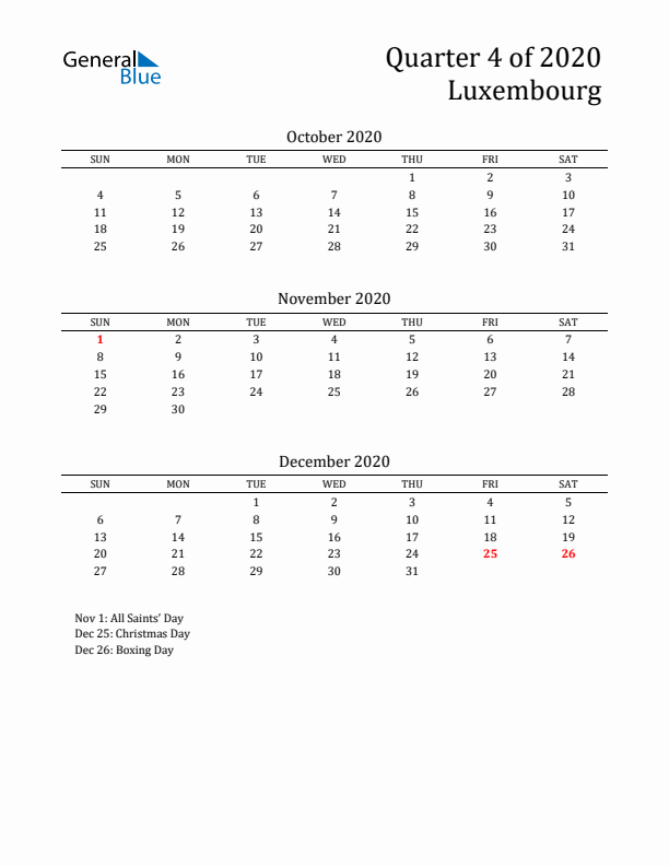 Quarter 4 2020 Luxembourg Quarterly Calendar