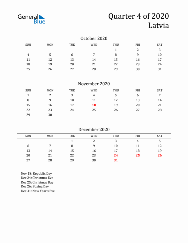 Quarter 4 2020 Latvia Quarterly Calendar