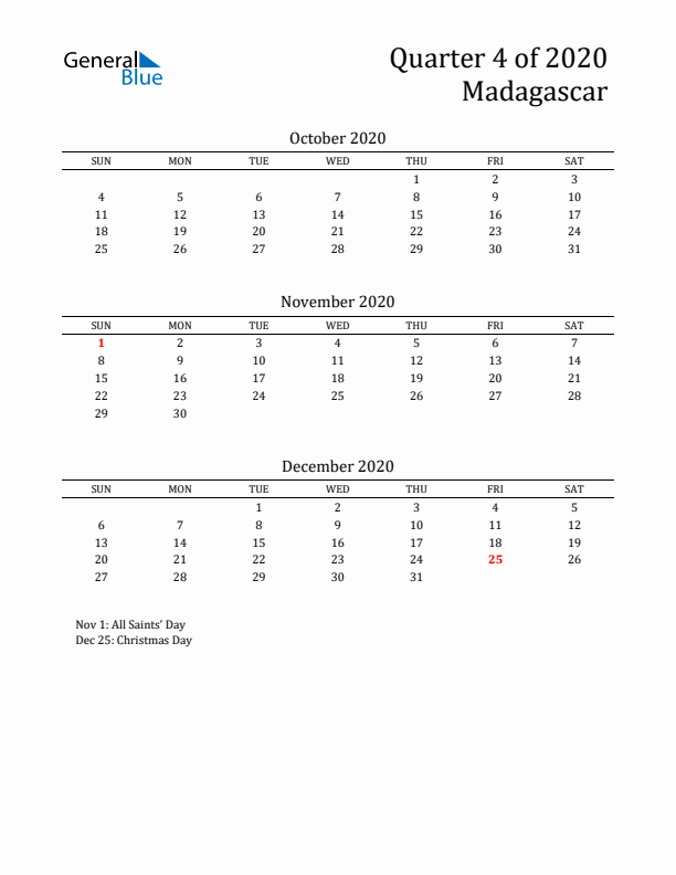 Quarter 4 2020 Madagascar Quarterly Calendar