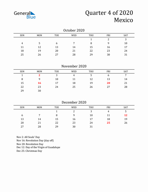 Quarter 4 2020 Mexico Quarterly Calendar