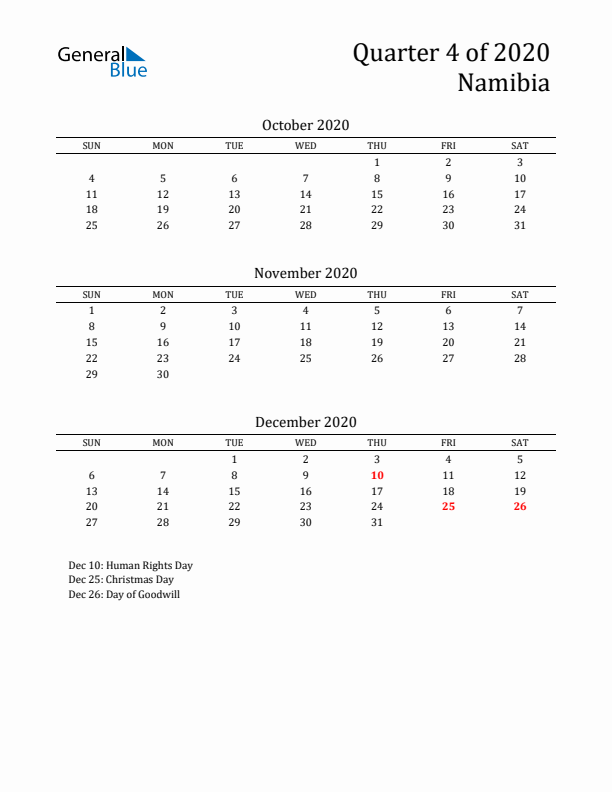 Quarter 4 2020 Namibia Quarterly Calendar