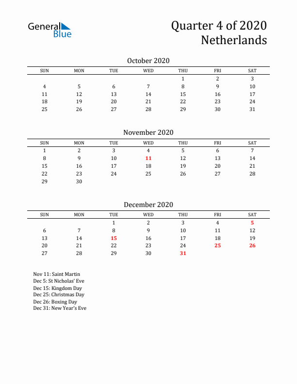 Quarter 4 2020 The Netherlands Quarterly Calendar