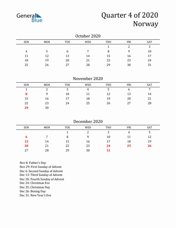 Quarter 4 2020 Norway Quarterly Calendar