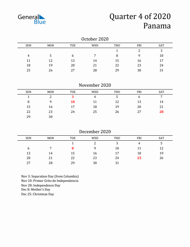 Quarter 4 2020 Panama Quarterly Calendar