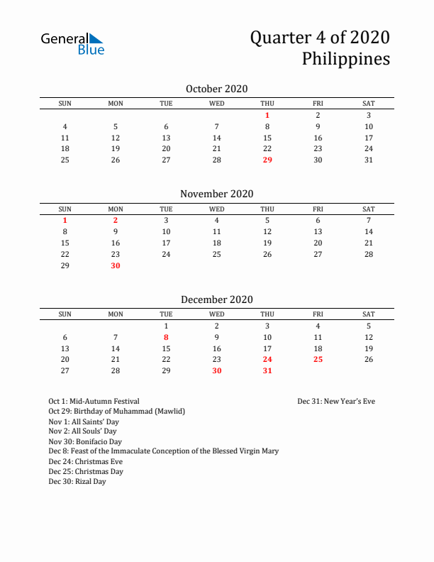 Quarter 4 2020 Philippines Quarterly Calendar