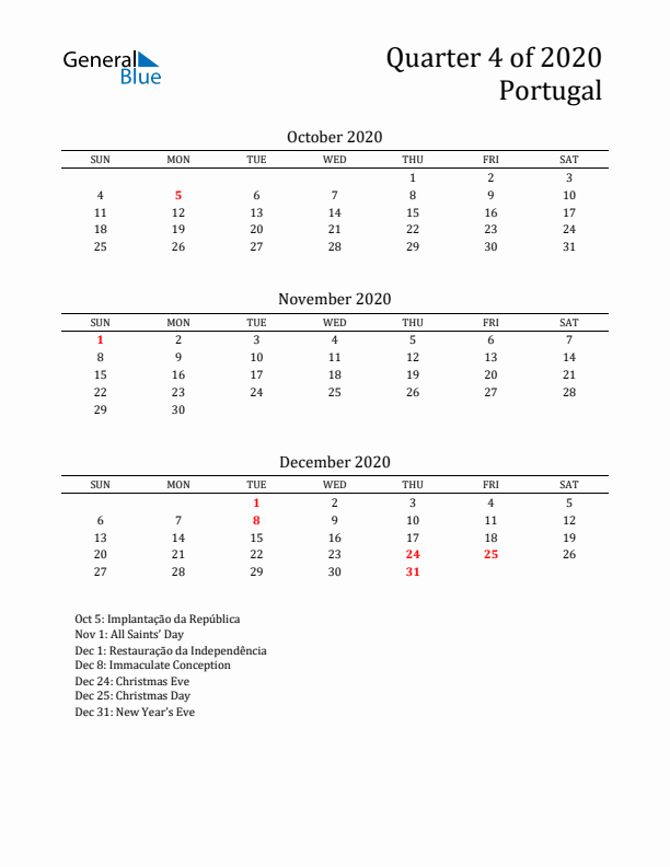 Quarter 4 2020 Portugal Quarterly Calendar