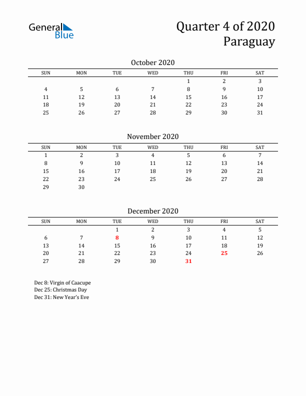 Quarter 4 2020 Paraguay Quarterly Calendar