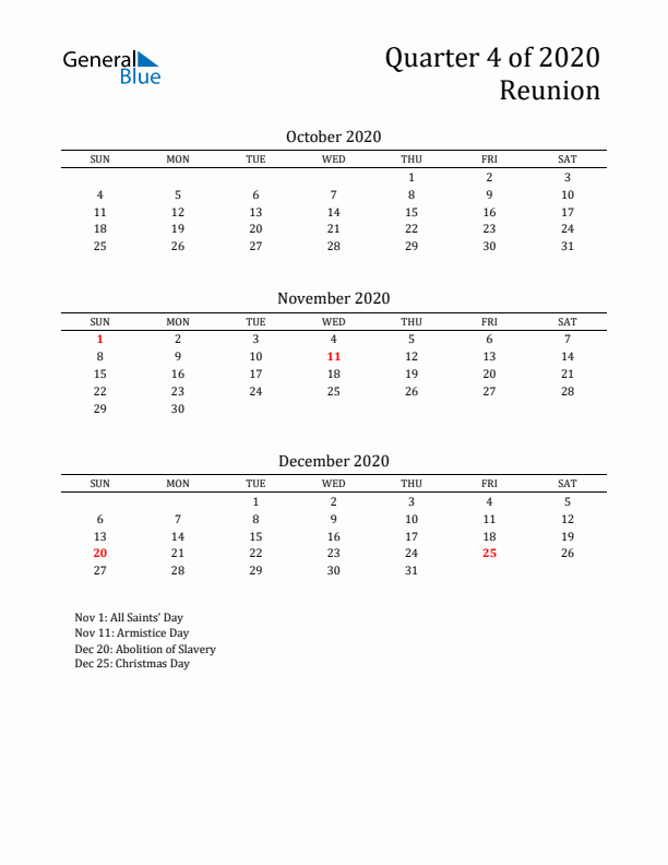 Quarter 4 2020 Reunion Quarterly Calendar