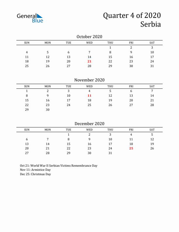 Quarter 4 2020 Serbia Quarterly Calendar