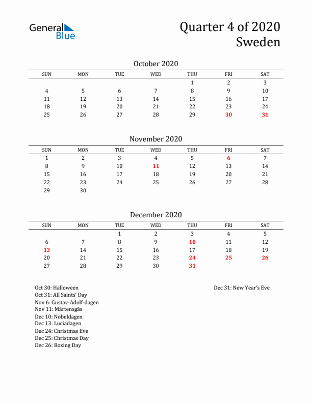 Quarter 4 2020 Sweden Quarterly Calendar