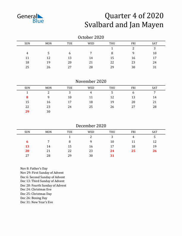 Quarter 4 2020 Svalbard and Jan Mayen Quarterly Calendar