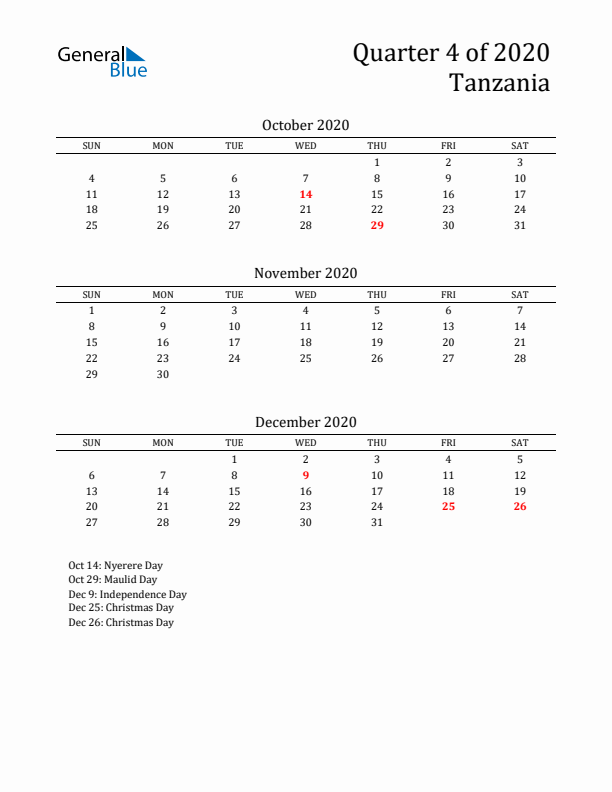 Quarter 4 2020 Tanzania Quarterly Calendar