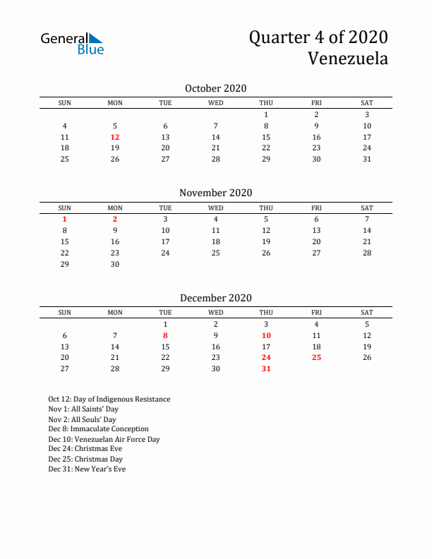 Quarter 4 2020 Venezuela Quarterly Calendar