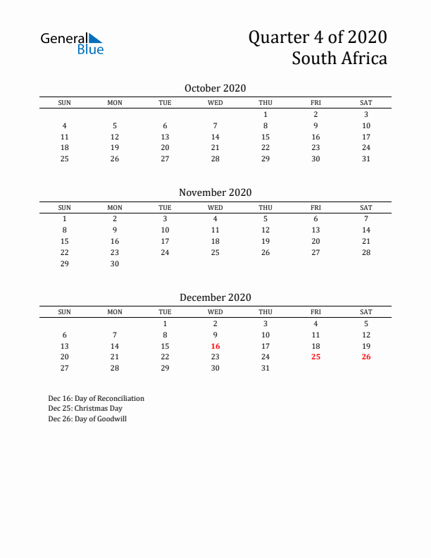 Quarter 4 2020 South Africa Quarterly Calendar