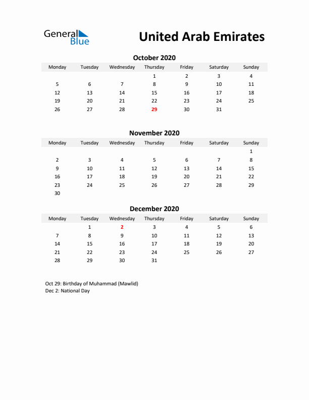 Printable Quarterly Calendar with Notes and United Arab Emirates Holidays- Q4 of 2020