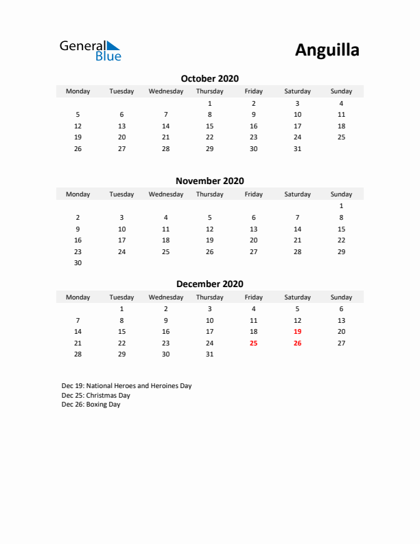 Printable Quarterly Calendar with Notes and Anguilla Holidays- Q4 of 2020