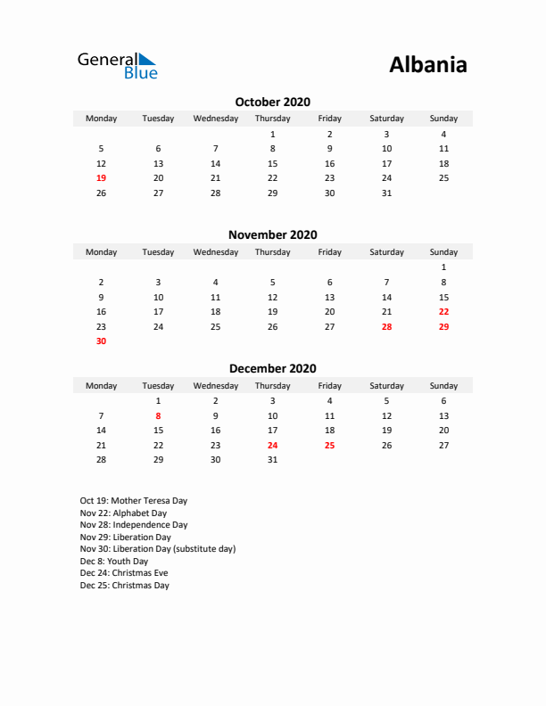 Printable Quarterly Calendar with Notes and Albania Holidays- Q4 of 2020