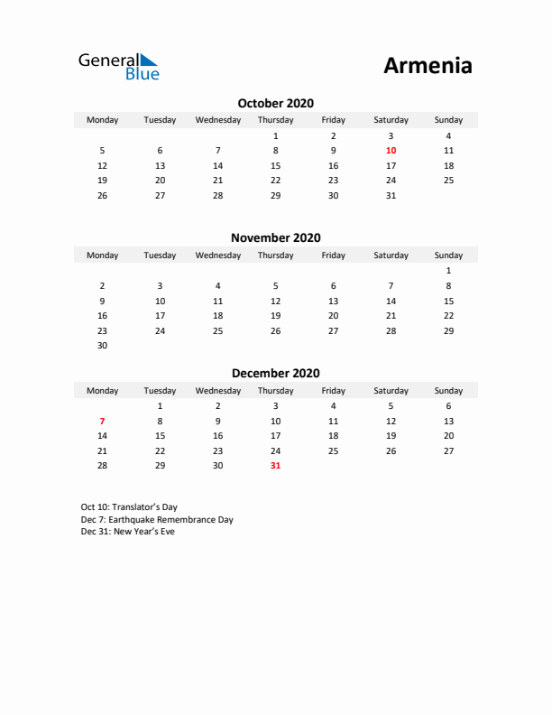 Printable Quarterly Calendar with Notes and Armenia Holidays- Q4 of 2020